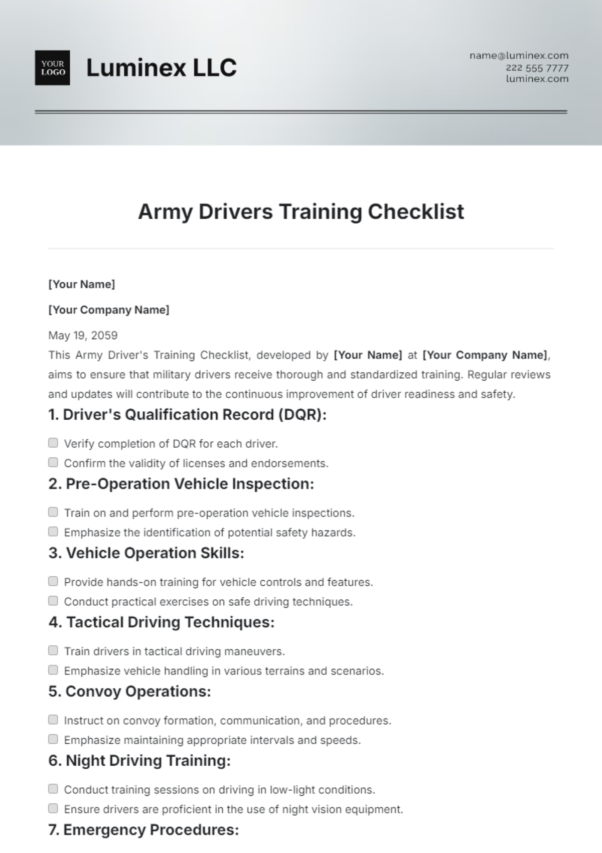 Army Drivers Training Checklist Template - Edit Online & Download