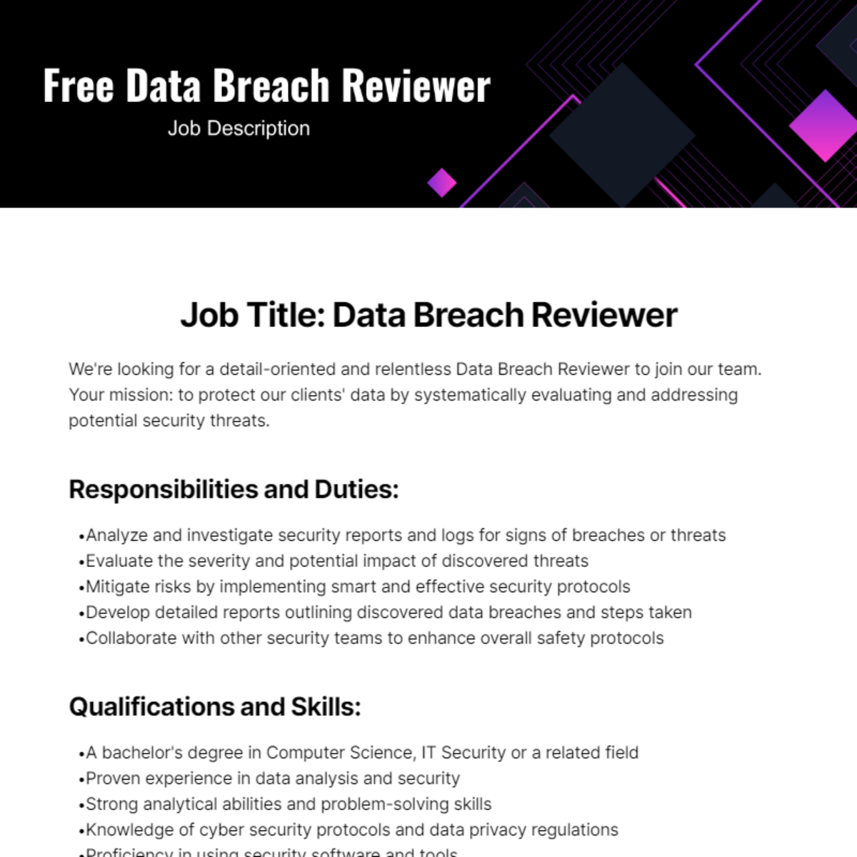 Free Data Breach Reviewer Job Description Template