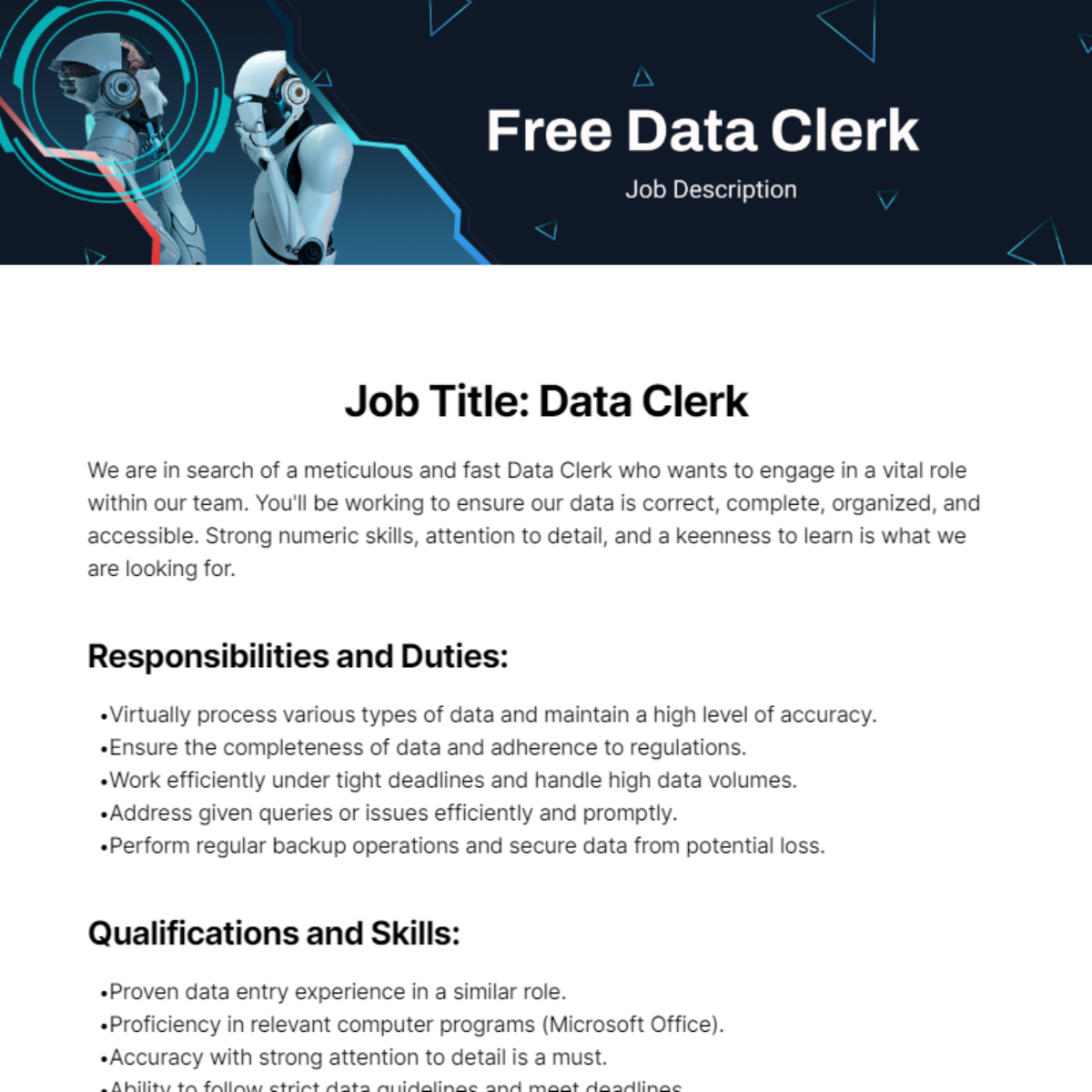 Free Data Clerk Job Description Template