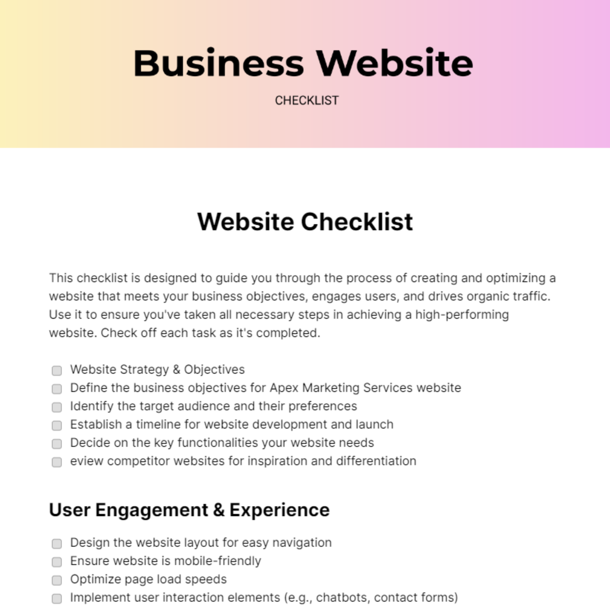 FREE Website Checklist - Edit Online & Download | Template.net