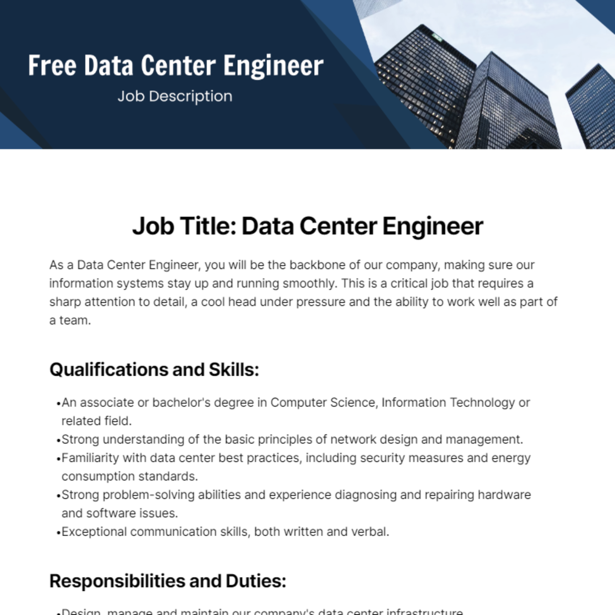 Free Data Center Engineer Job Description Template