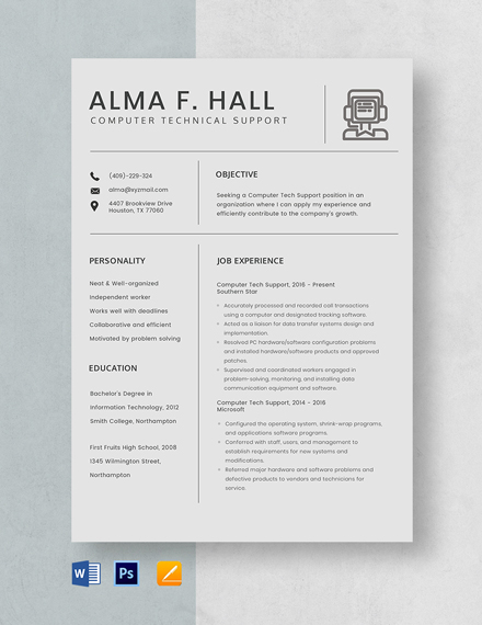Free Computer Tech Support Resume Template - Word, Apple Pages
