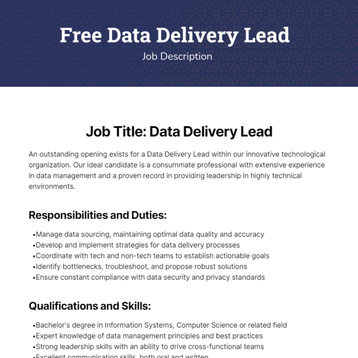 Free Data Delivery Lead Job Description Template