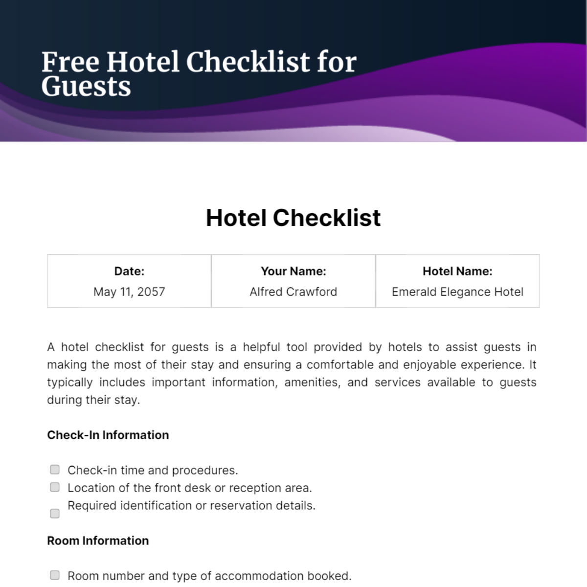 Free Hotel Checklist for Guests Template 