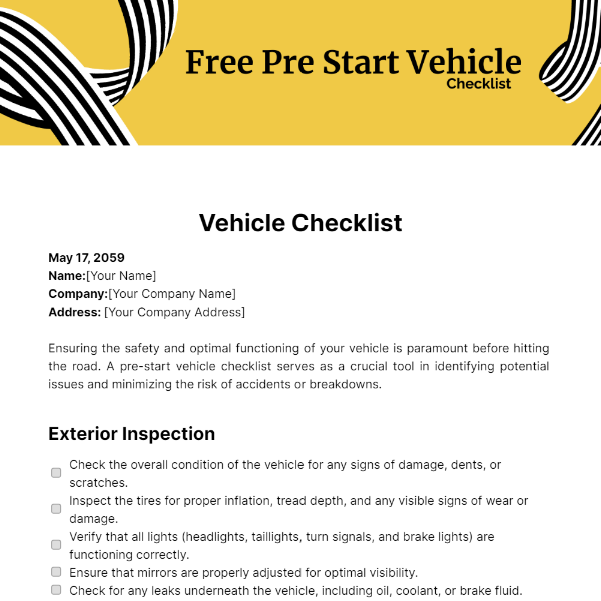 Pre Start Vehicle Checklist Template