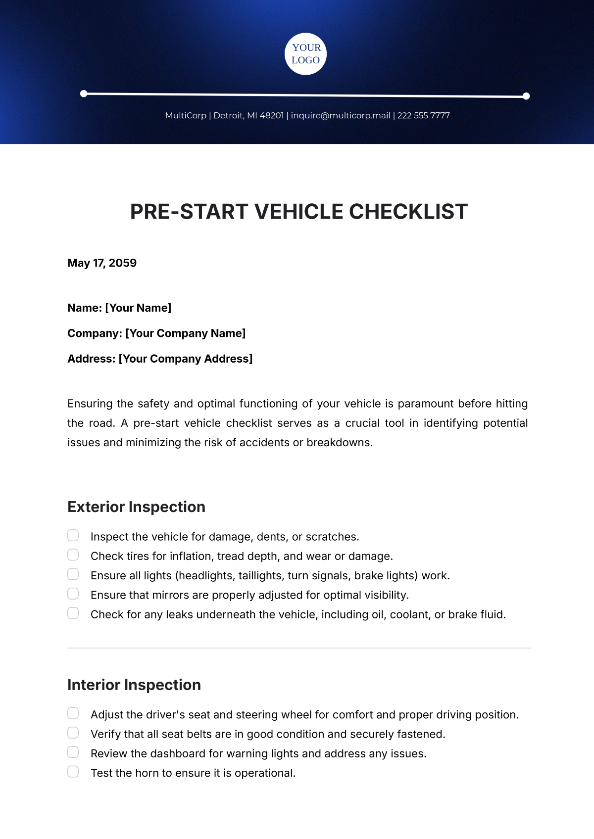 Pre Start Vehicle Checklist Template - Edit Online & Download