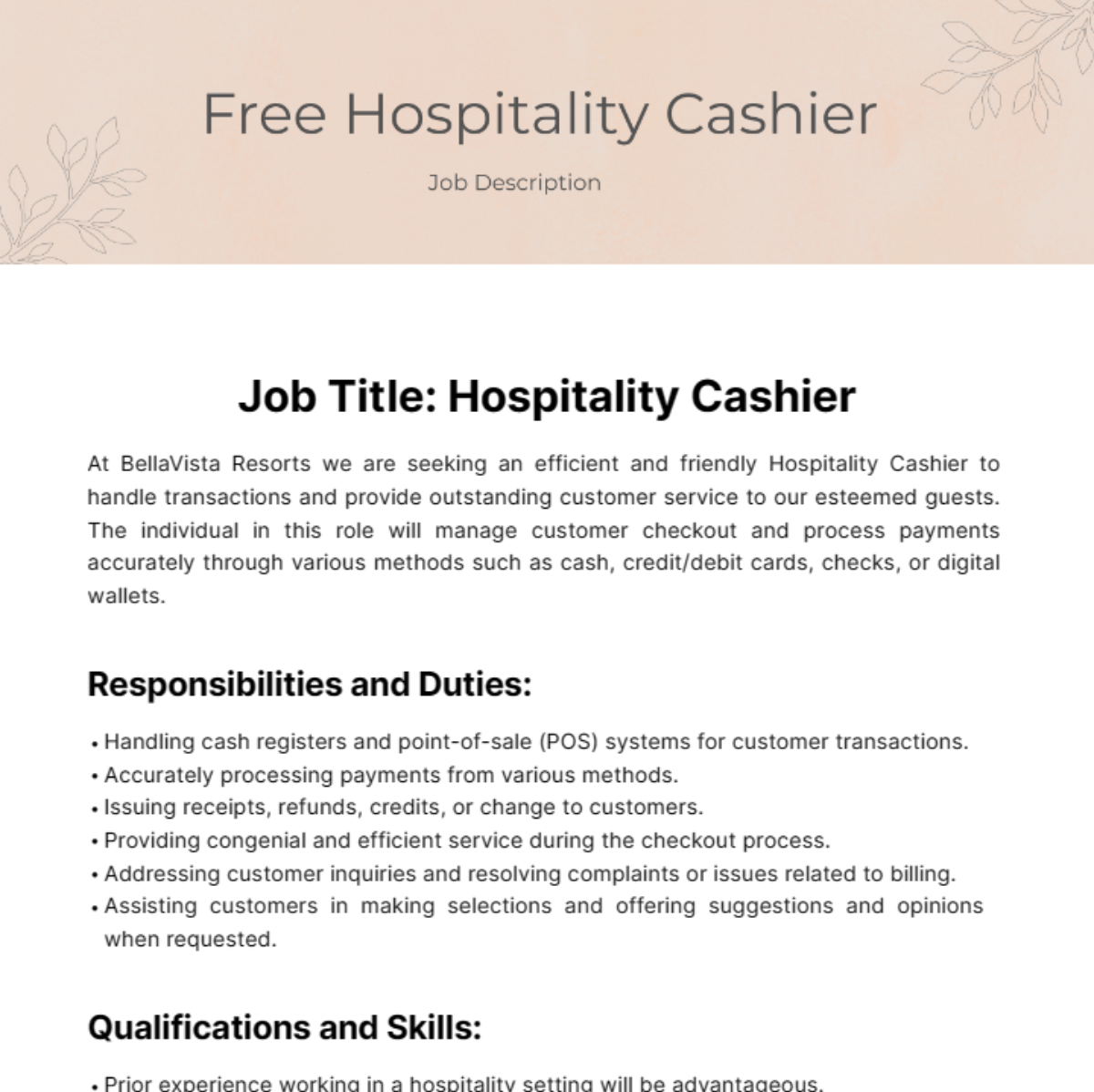 Hospitality Cashier Job Description Template