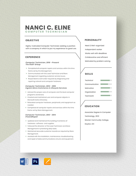 Computer Technician Resume Template - Word, Apple Pages, PSD