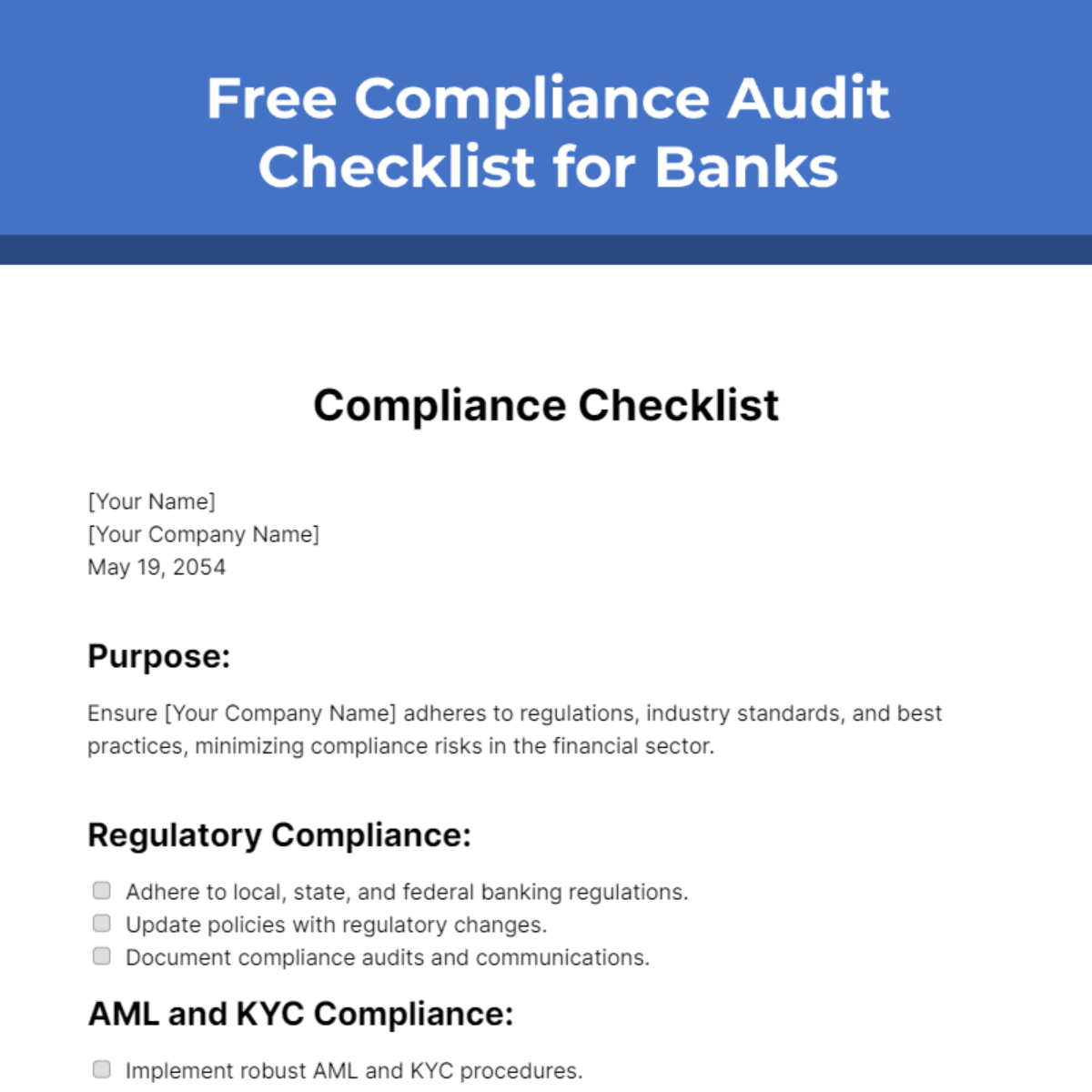 Compliance Audit Checklist For Banks Template