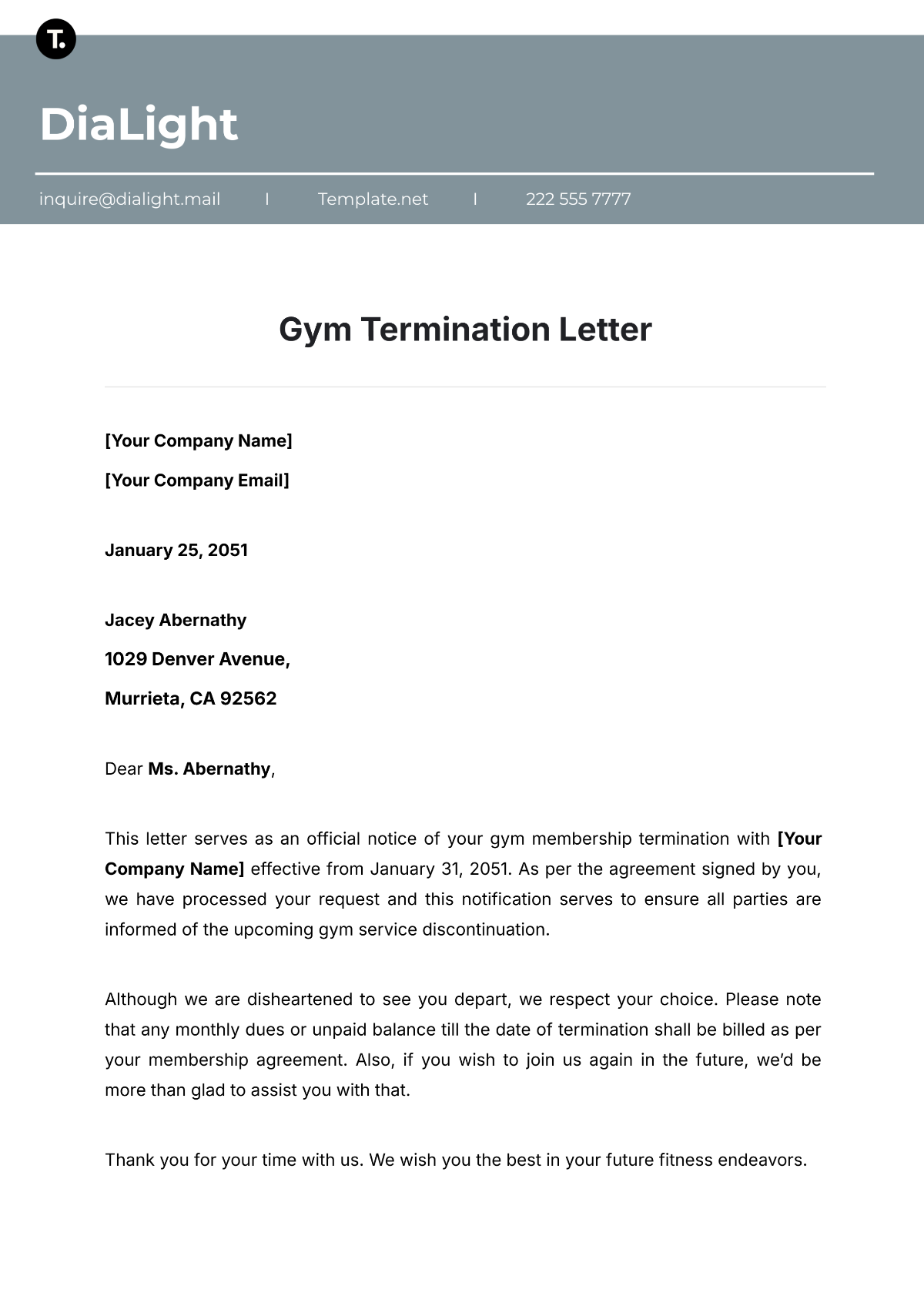 Gym Termination Letter Template