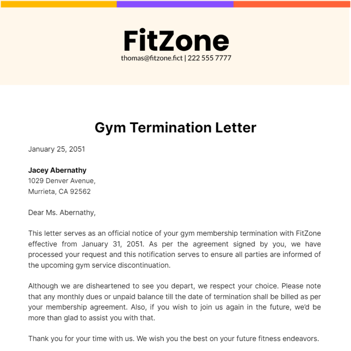 Gym Termination Letter Template
