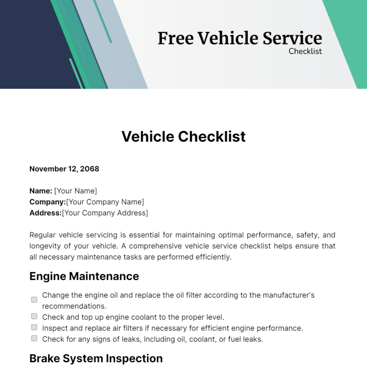 Free Vehicle Service Checklist Template