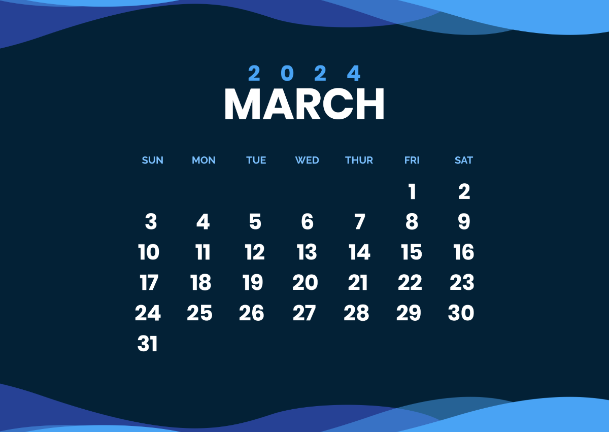 Horizontal March 2024 Calendar Template
