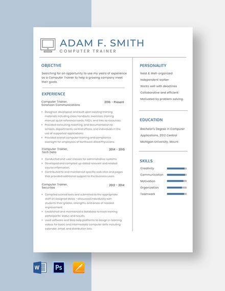 Computer Trainer Resume Template - Word, Apple Pages, PSD