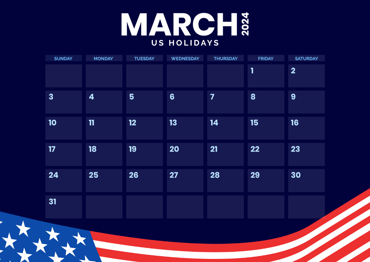 March 2024 Calendar with US Holidays Template