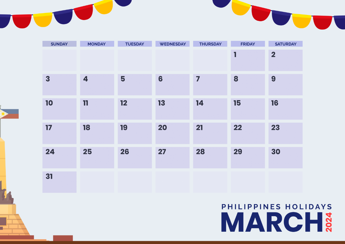 March 2024 Calendar with Holidays Philippines Template