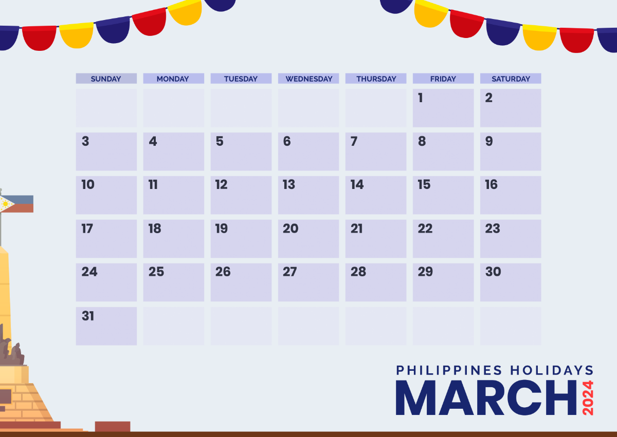 March 2024 Calendar With Holidays Philippines Template Edit Online 