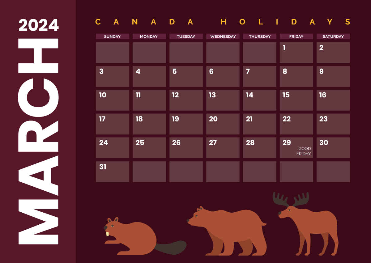 March 2024 Calendar with Holidays Canada Template