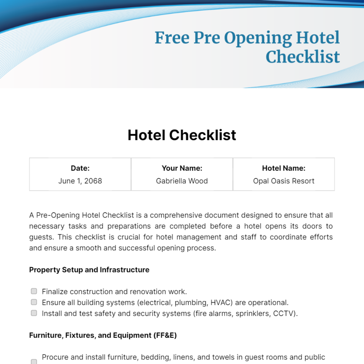 Pre Opening Hotel Checklist Template