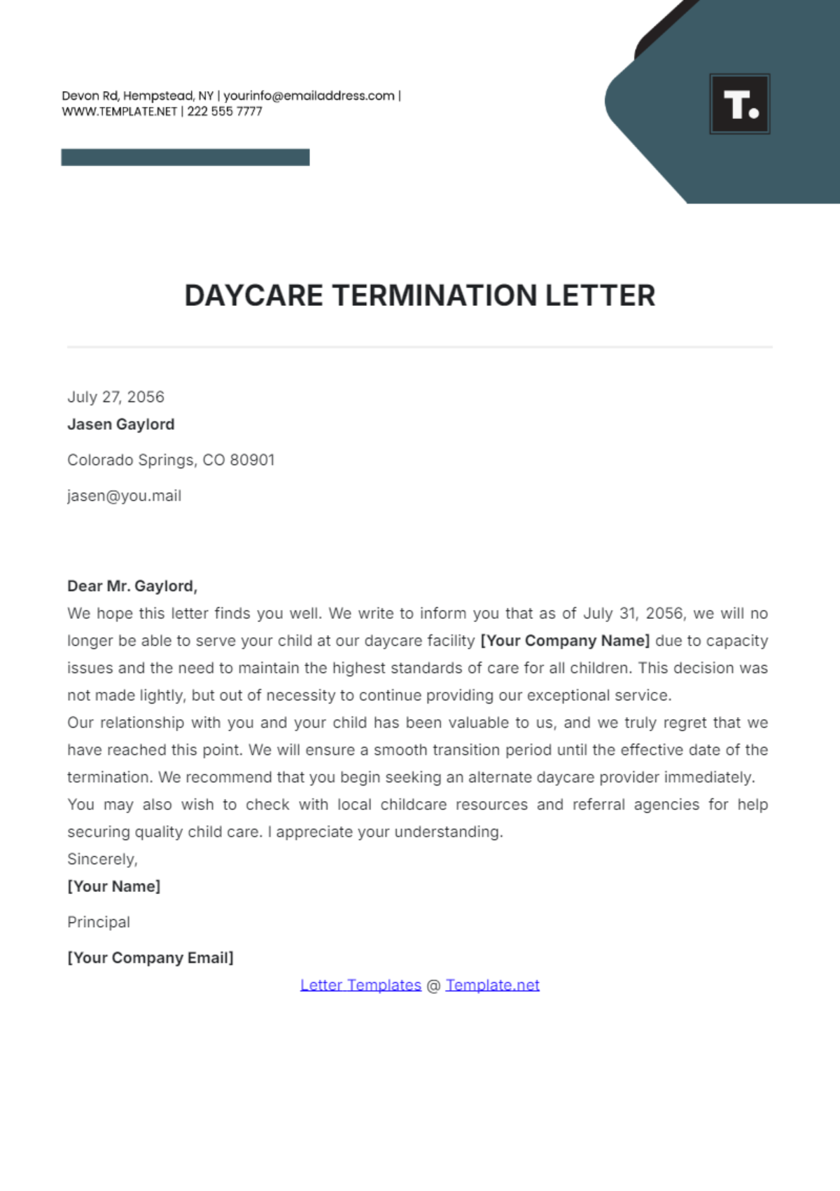 Daycare Termination Letter Template - Edit Online & Download