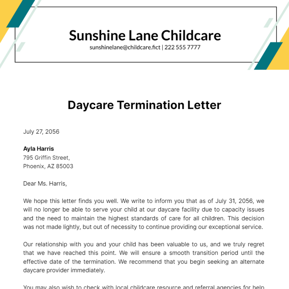 Daycare Termination Letter Template