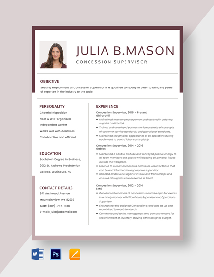 Concession Supervisor Resume Template - Word, Apple Pages, PSD