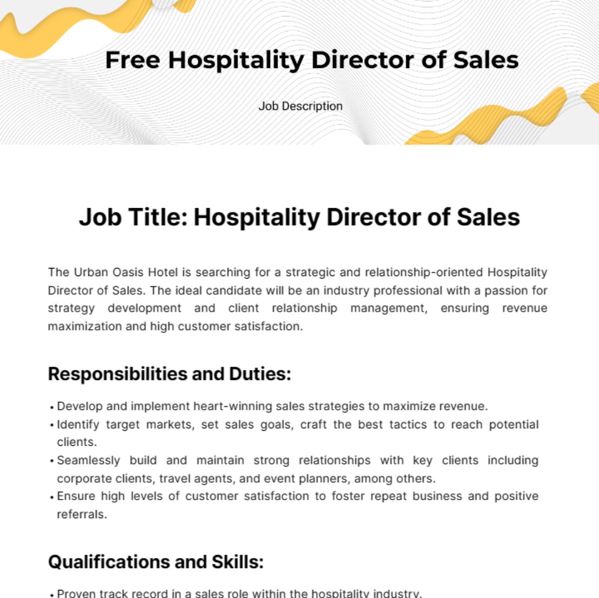 Hospitality Director of Sales Job Description Template