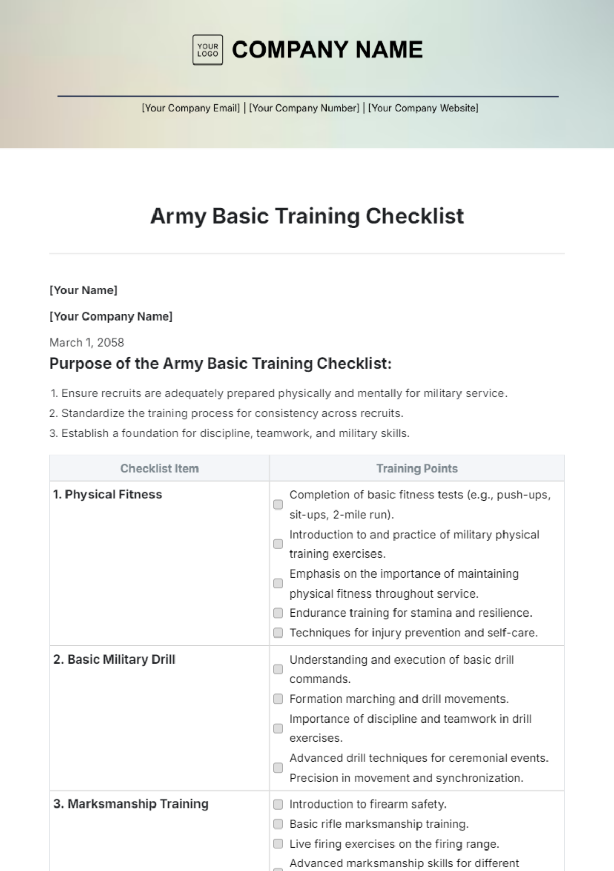 Army Basic Training Checklist Template - Edit Online & Download