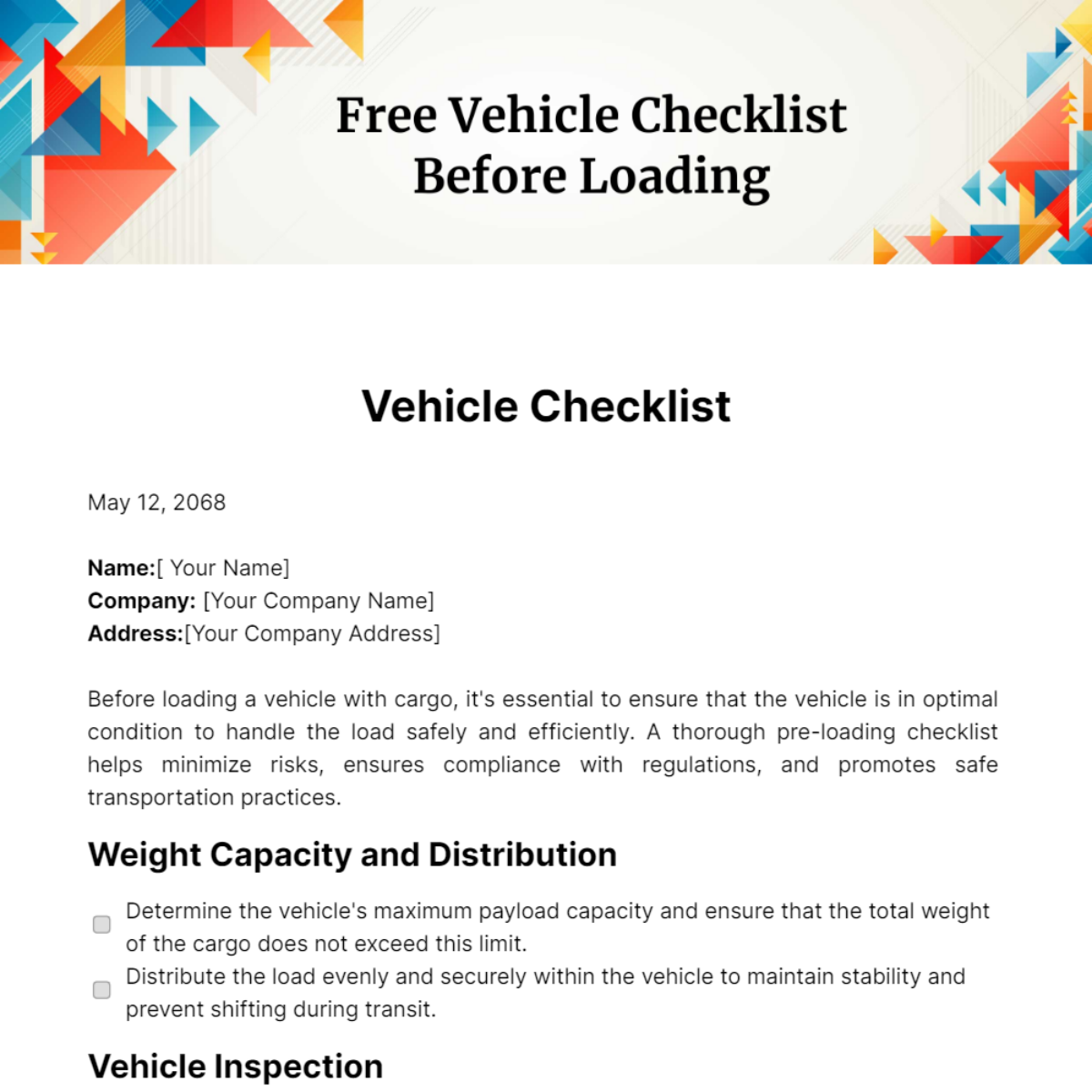 Free Vehicle Checklist Before Loading Template