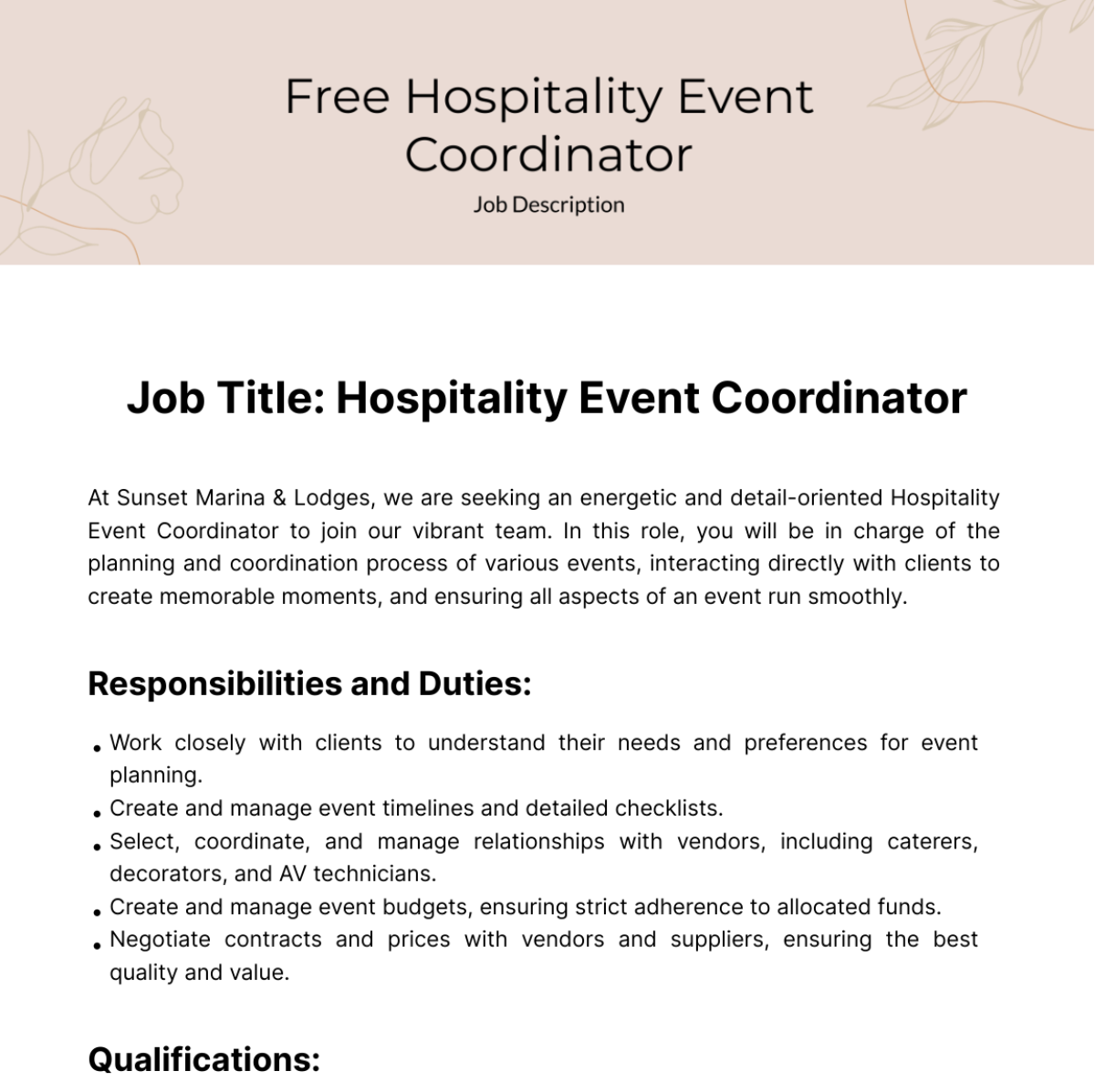 Free Hospitality Event Coordinator Job Description Template