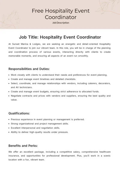 Free Hospitality Event Coordinator Job Description Template to Edit Online