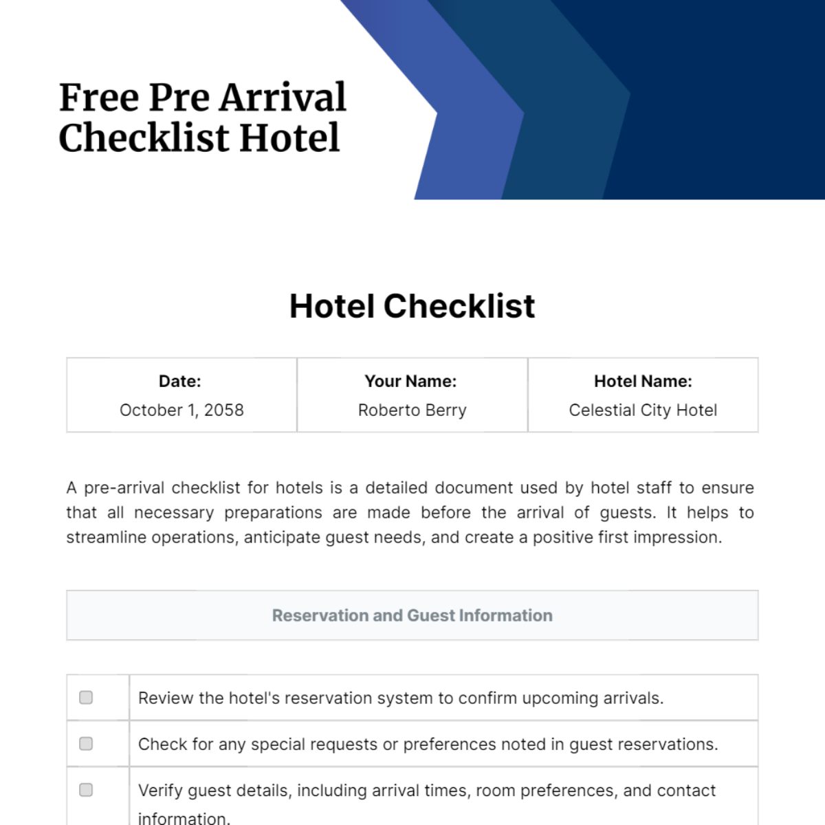 Free Pre Arrival Checklist Hotel Template