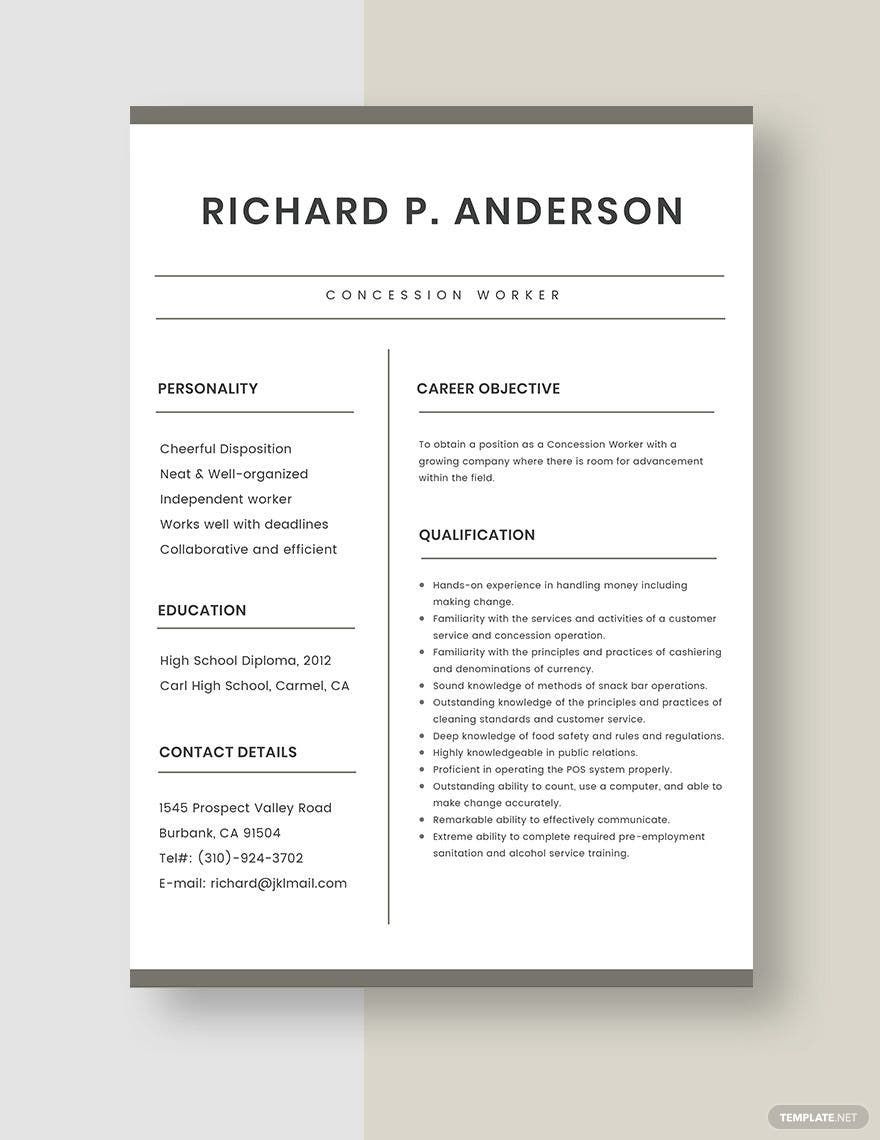 Free Concession Worker Resume Template