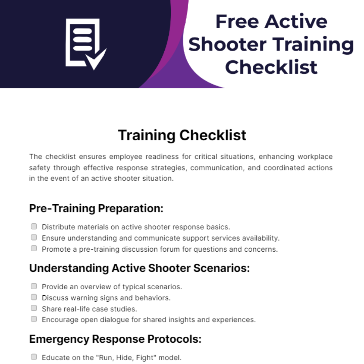 Free Active Shooter Training Checklist Template