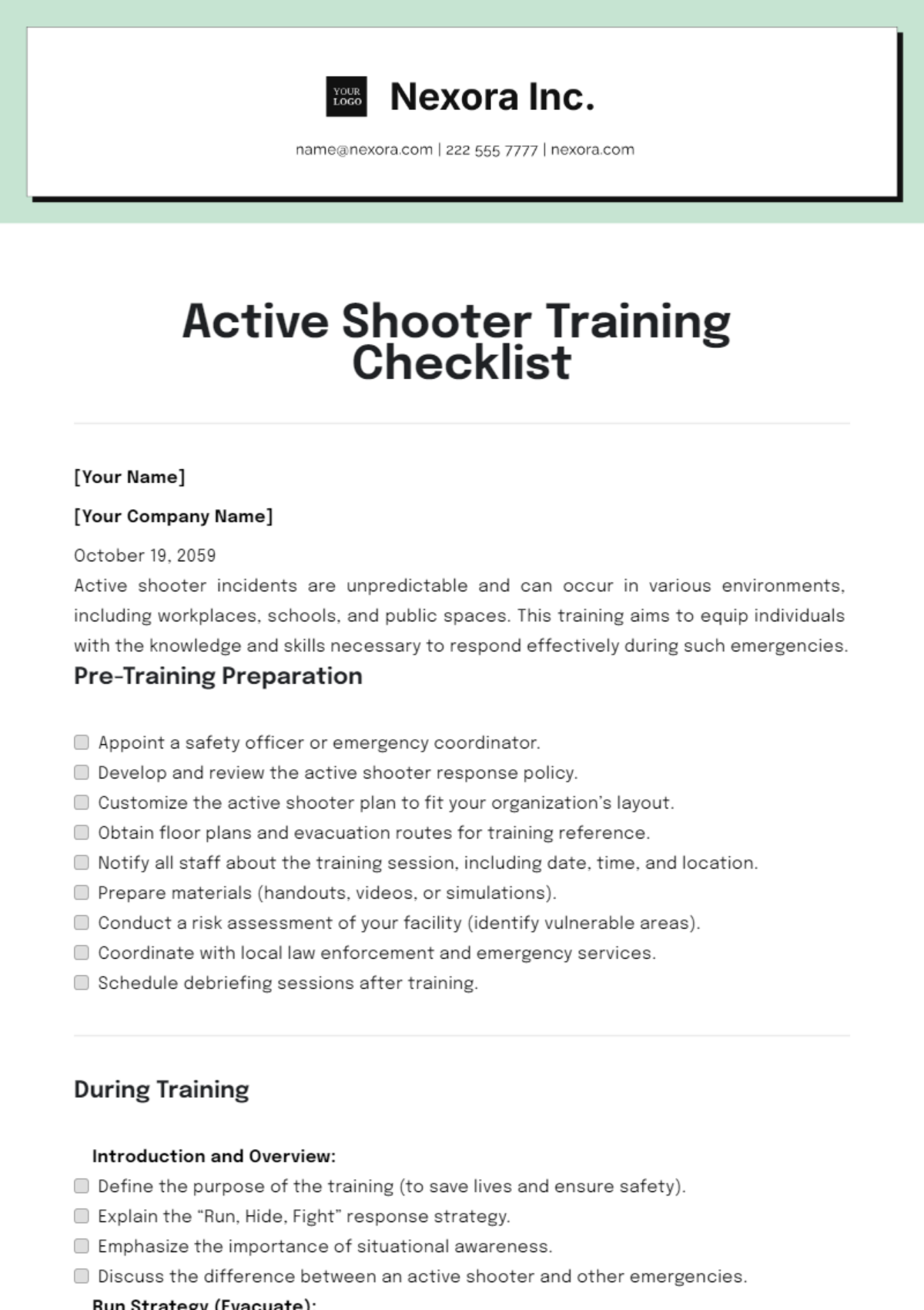 Active Shooter Training Checklist Template - Edit Online & Download