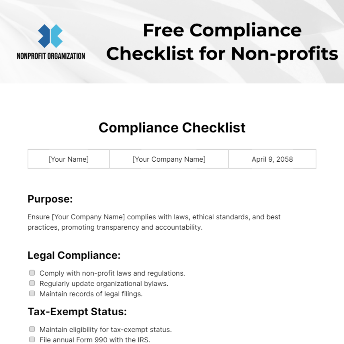 Compliance Checklist for Non-profits Template