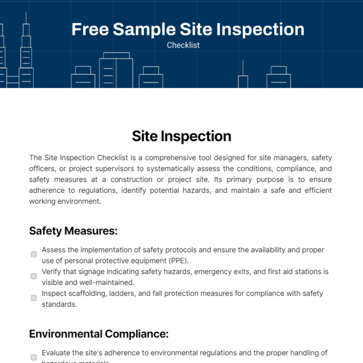 Sample Site Inspection Checklist Template