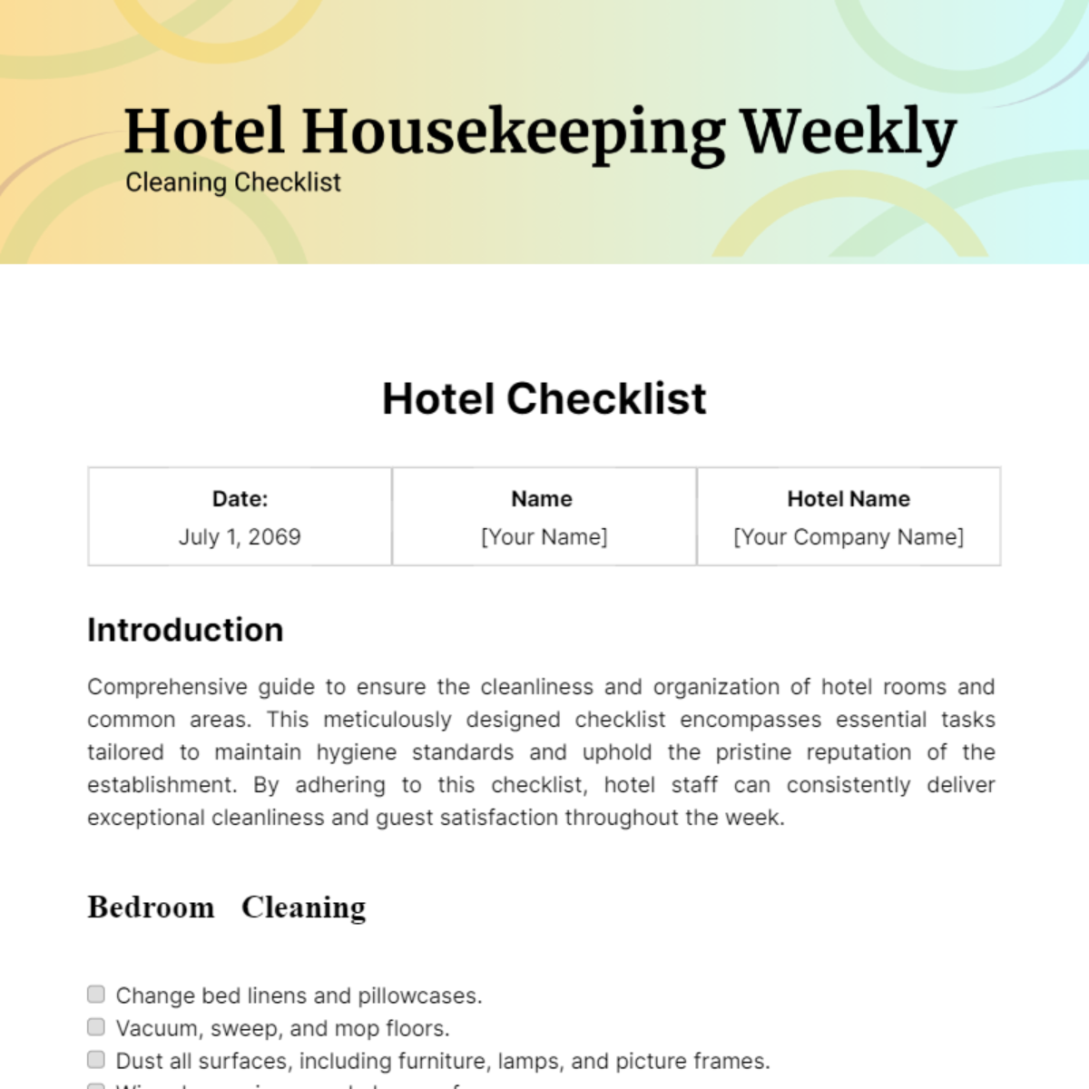 Free Hotel Housekeeping Weekly Cleaning Checklist Template