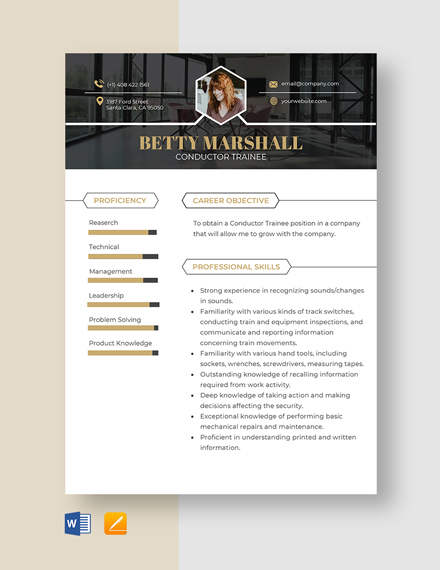 Free Conductor Trainee Resume Template - Word, Apple Pages