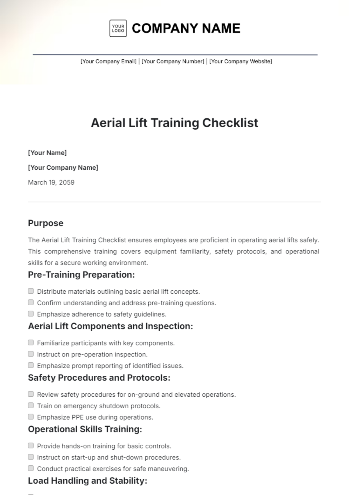 Aerial Lift Training Checklist Template - Edit Online & Download