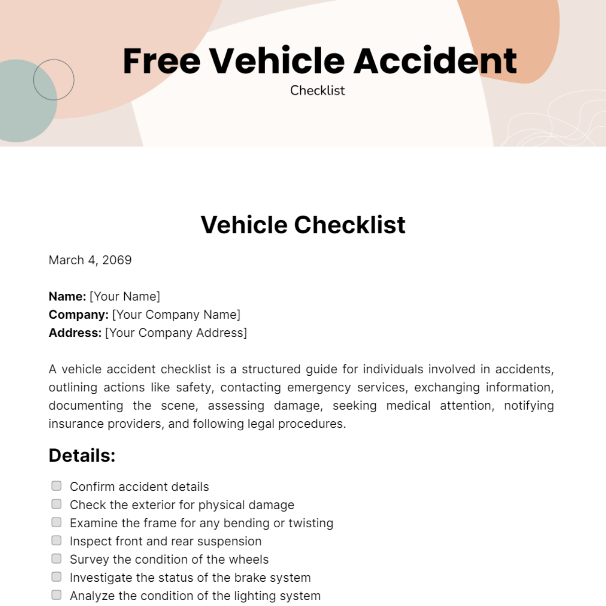 Free Vehicle Accident Checklist Template