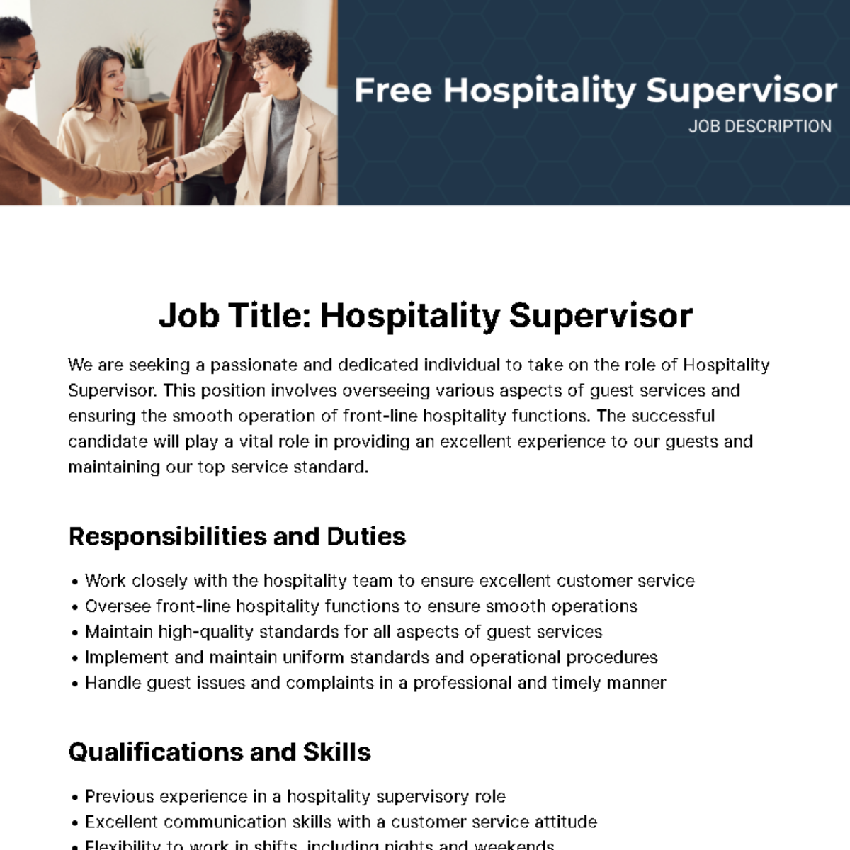 Free Hospitality Supervisor Job Description Template