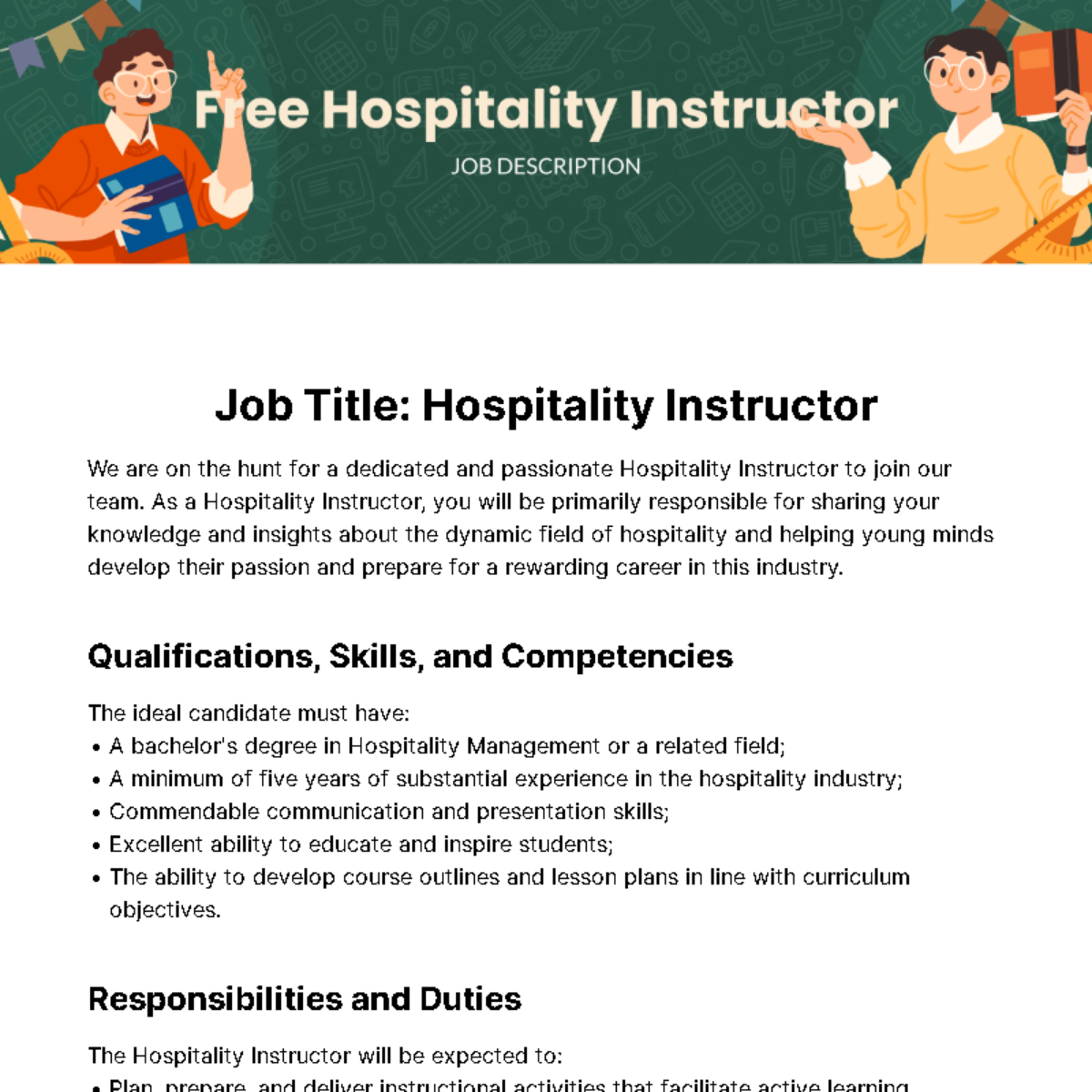 Free Hospitality Instructor Job Description Template