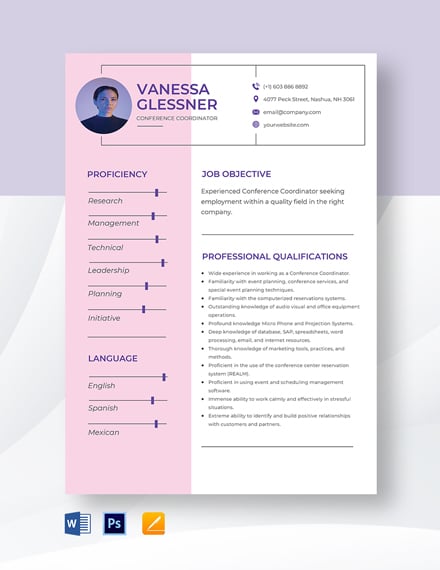 Free Conference Coordinator Resume Template - Word, Apple Pages