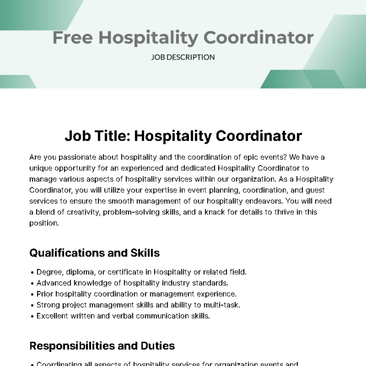 Free Hospitality Coordinator Job Description Template