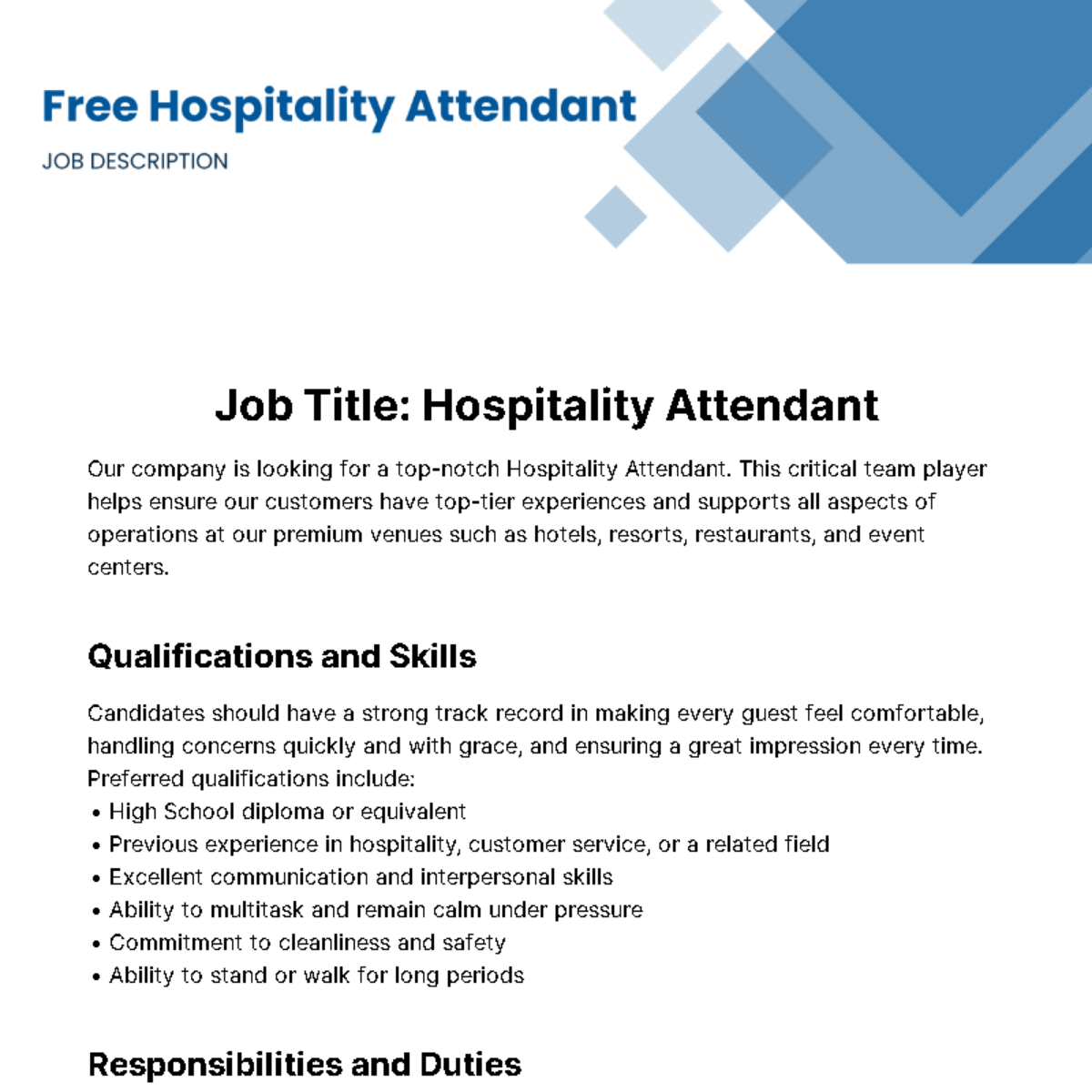 Hospitality Attendant Job Description Template