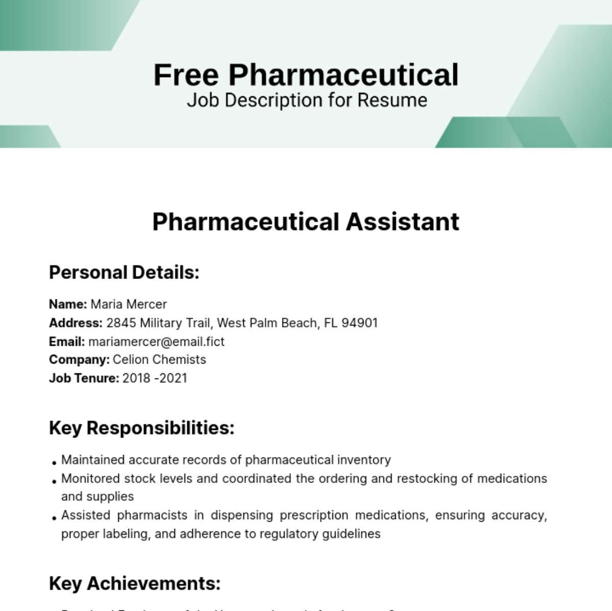 Pharmaceutical Job Description for Resume Template