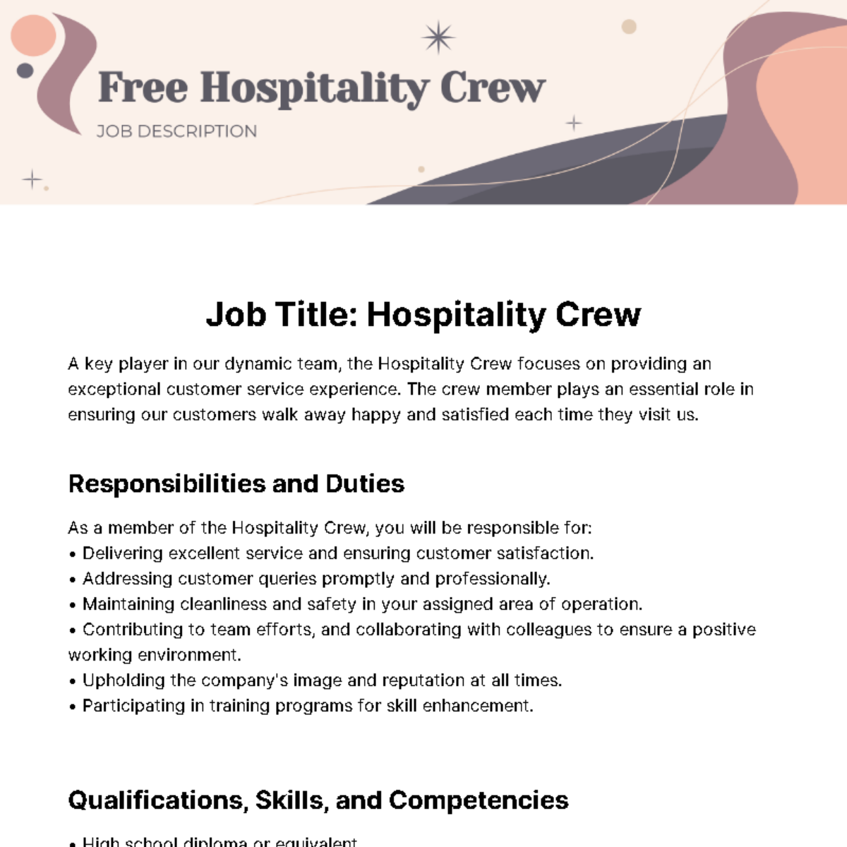 Hospitality Crew Job Description Template