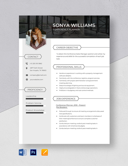 Conference Planner Resume Template - Word, Apple Pages, PSD