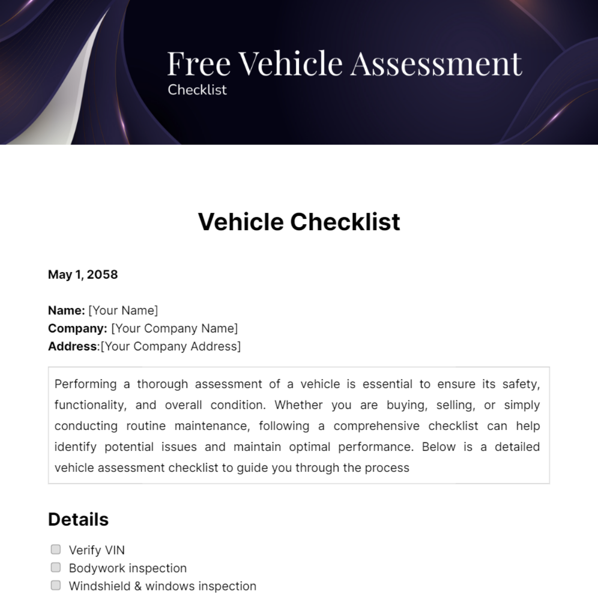 Free Vehicle Assessment Checklist Template